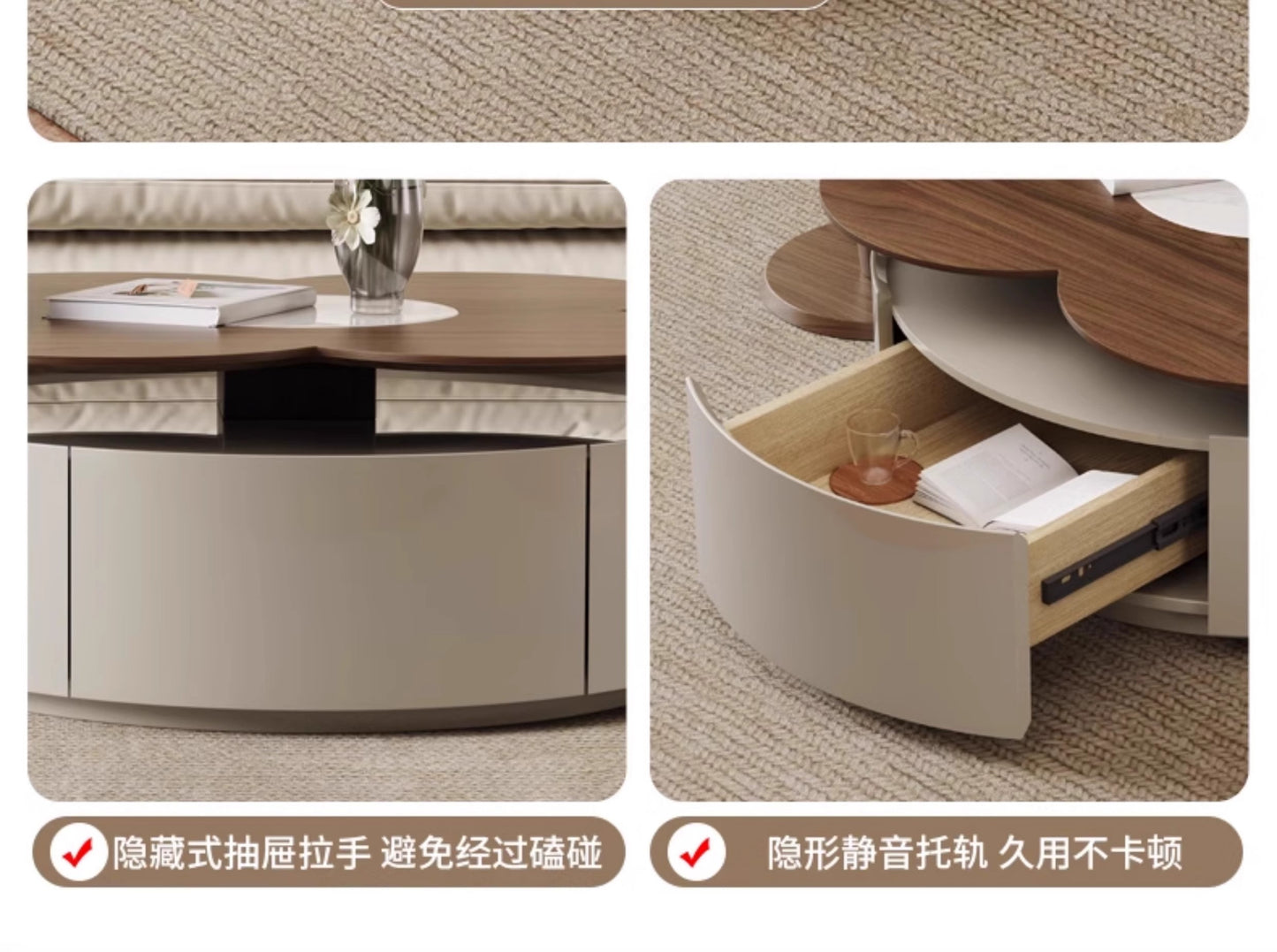 Cream wind rock plate coffee table Italian living room home small apartment new flower four-leaf clover can rotate round coffee table