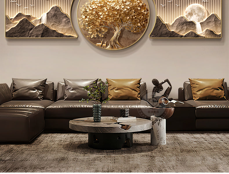 Light luxury fortune tree living room decorative painting back with a sense of high class sofa background wall hanging painting atmospheric triple mural