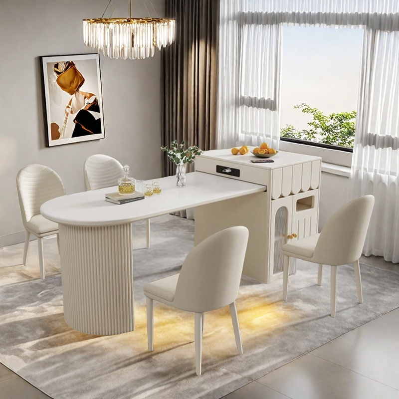 Cream wind rock slab island table integrated into a modern simple retractable home restaurant kitchen for small households