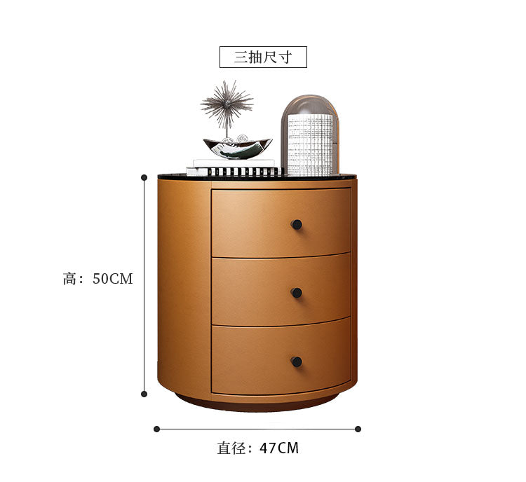 Round nightstand simple modern light luxury high-end leather solid wood network red bedroom small mini rock panel bed side cabinet