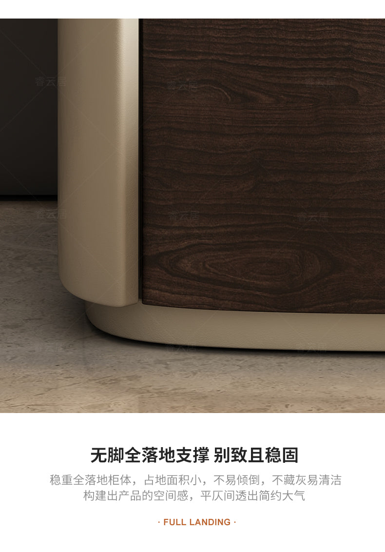 Italian minimalist high-end solid wood bedside table designer oval leather bedside cabinet Modern light luxury rock board locker