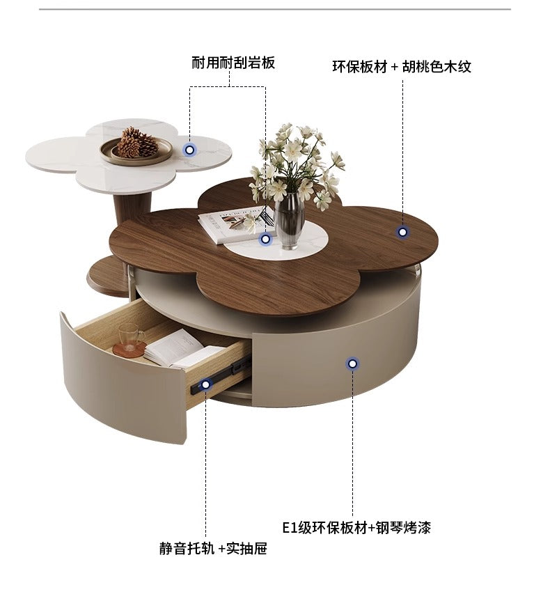 Cream wind rock plate coffee table Italian living room home small apartment new flower four-leaf clover can rotate round coffee table