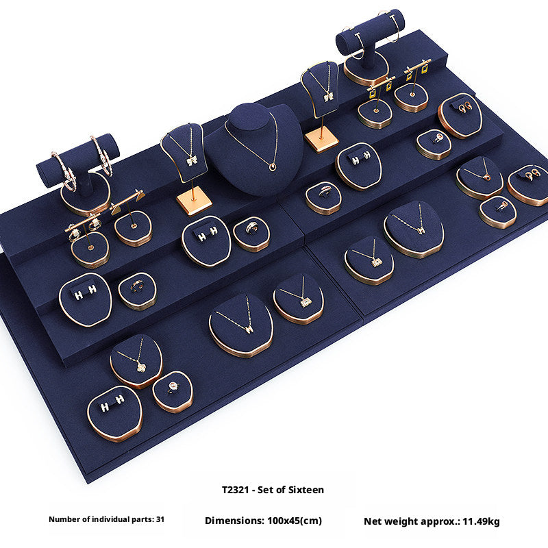 Luxury Suede Jewelry Display Set with Gold Metal Frame for Showcase