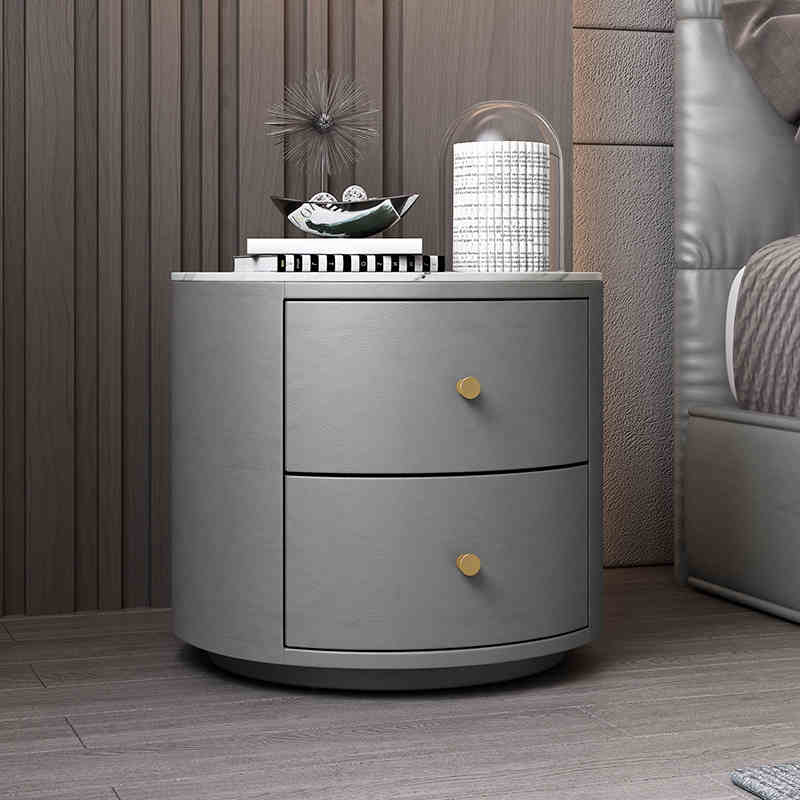 Round nightstand simple modern light luxury high-end leather solid wood network red bedroom small mini rock panel bed side cabinet