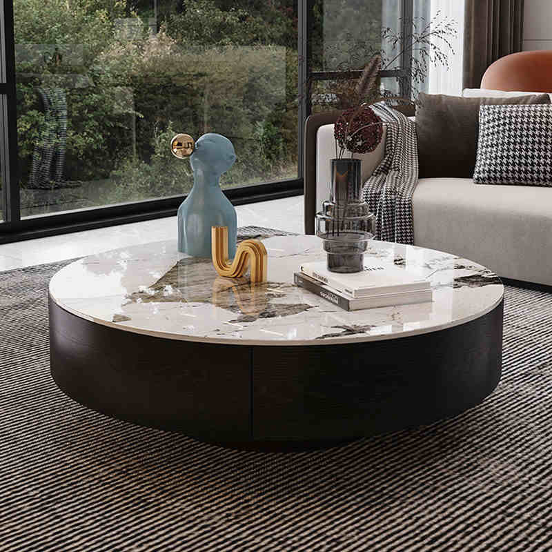 Rock panel solid wood round coffee table living room home round coffee table cabinet Italian style very simple modern pure black and white coffee table