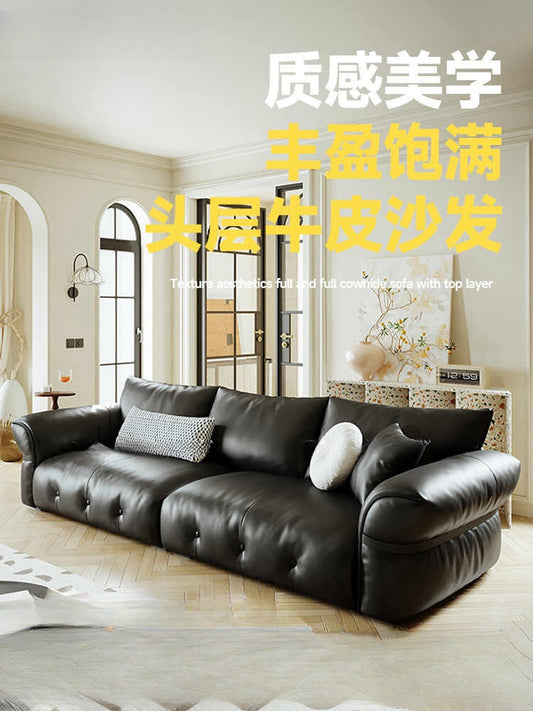 Leather sofa Italian minimalist home creative sponge black retro one line double row small apartment