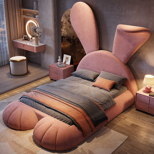 Light luxury children pink princess bed cartoon rabbit modern simple multi-functional girl bed fabric red solid wood bed