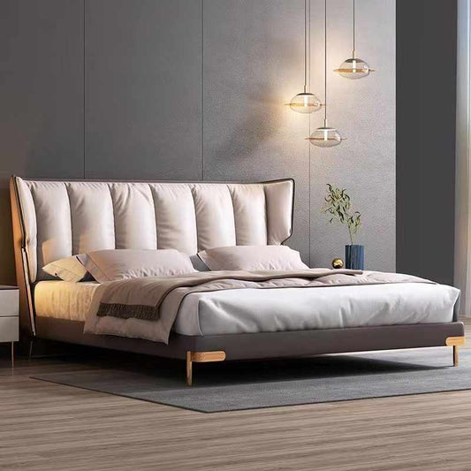 Italian minimalist layer cowhide bed leather bed modern simple light luxury master bedroom solid wood bed floor wedding bed double bed