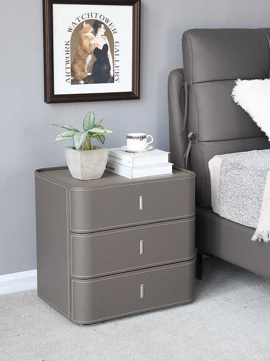 Italian minimalist bedside table simple modern bedroom storage Square three drawers light luxury saddle leather bedside cabinet