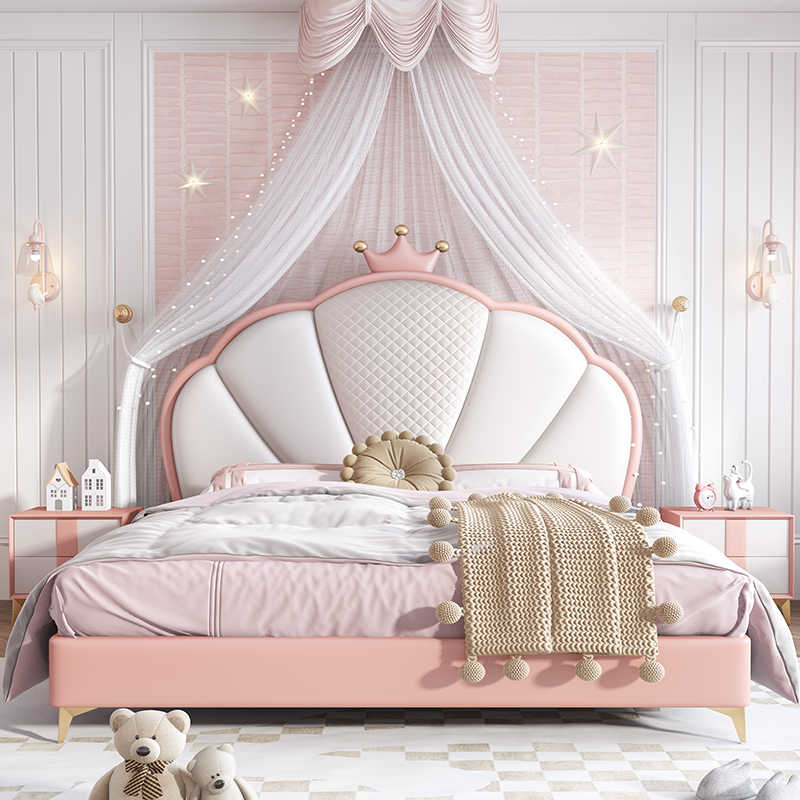 Children's Bed Girls Princess Bed Bedroom Simple modern solid wood cream wind bed Girls single bed Crown pink bed