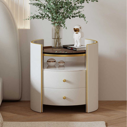 Light luxury cream style nightstand round simple modern bedroom bedside cabinet very simple rock board brown glass storage cabinet