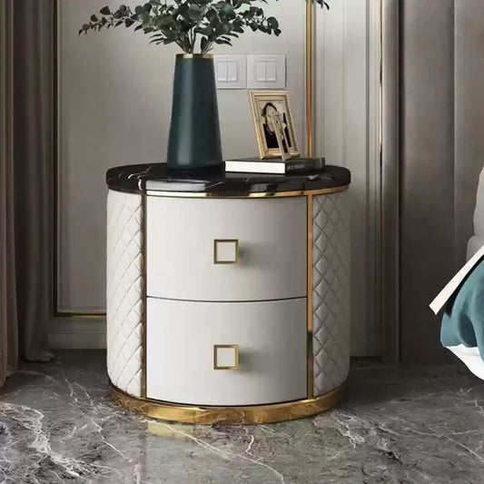 Modern simple high-end storage cabinet Italian light luxury round solid wood bedside table leather light luxury marble desktop