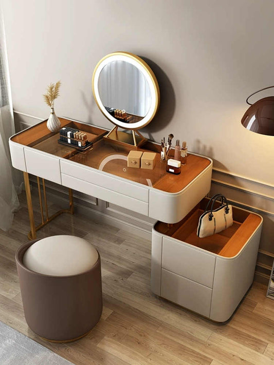 Light luxury dressing table advanced sense tempered glass Italian minimalist designer solid wood makeup table bucket cabinet one