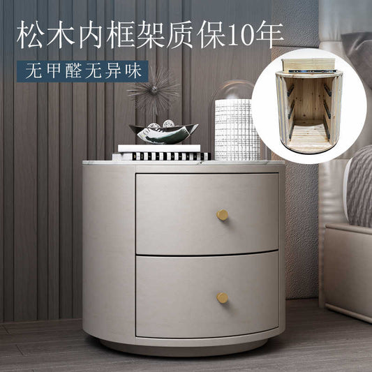 Round nightstand simple modern light luxury high-end leather solid wood network red bedroom small mini rock panel bed side cabinet