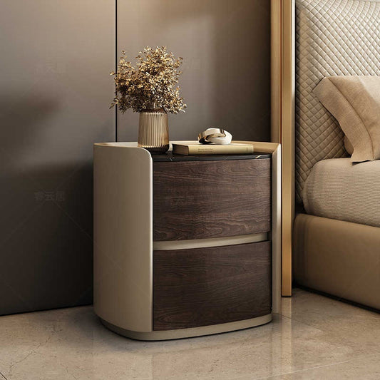 Italian minimalist high-end solid wood bedside table designer oval leather bedside cabinet Modern light luxury rock board locker