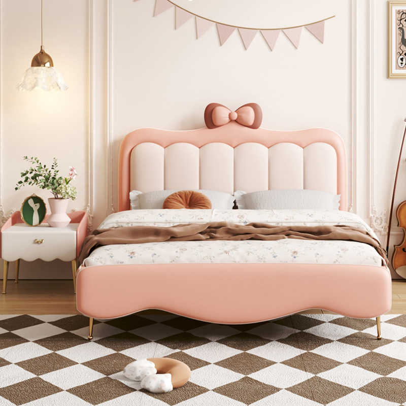 Children's Bed Girl Bow Princess Sheets Person 1.5m Girl Dream Castle Children's Room Solid wood soft cover bed