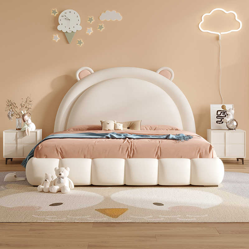 Puff baby bed Girl Cartoon Bear Boy bed all solid wood leather soft wrap Cream wind Princess bed Girl bed