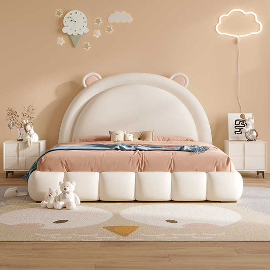 Puff baby bed Girl Cartoon Bear Boy bed all solid wood leather soft wrap Cream wind Princess bed Girl bed
