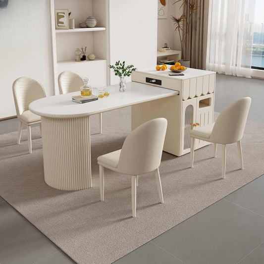 Cream wind rock slab island table integrated into a modern simple retractable home restaurant kitchen for small households