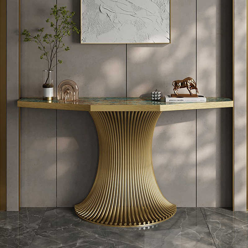 Light luxury entrance porch table against the wall at the end of the corridor decorative cabinet stainless steel end view terrace villa high-end entrance terrace