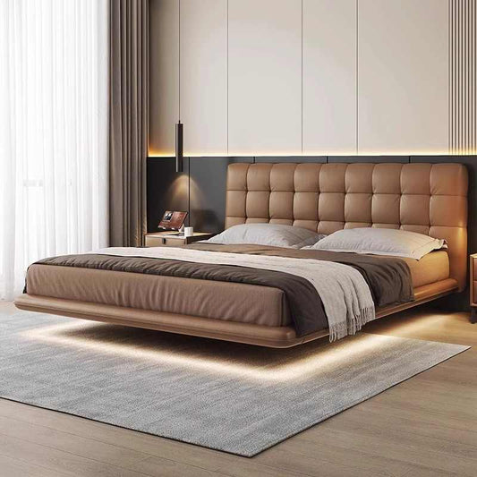 Waffle leather bed Master bedroom high-end atmosphere first layer cowhide floating bed modern simple 1.8m double bed wedding bed