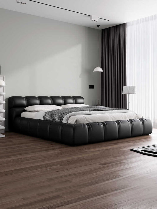 Leather bed Modern simple black puff bed Italian minimalist Master bedroom Queen bed storage Wedding bed Double bed