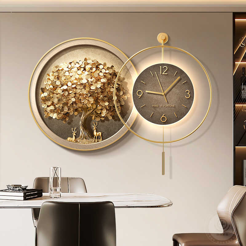 Fortune tree restaurant decoration painting light luxury luxury sense table clock hanging painting atmospheric living room wall clock mural wall clock