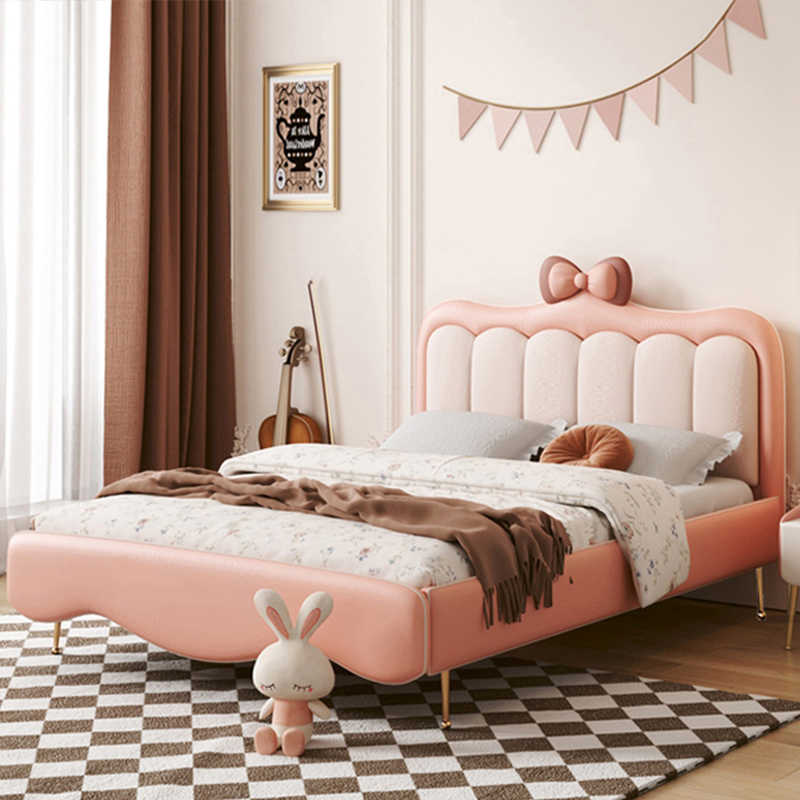 Children's Bed Girl Bow Princess Sheets Person 1.5m Girl Dream Castle Children's Room Solid wood soft cover bed