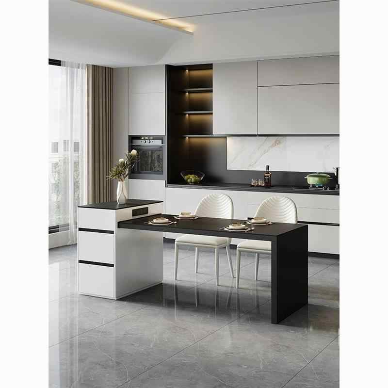 Small apartment rock slab island table integrated dual use modern simple cream wind retractable household multi-functional tea table