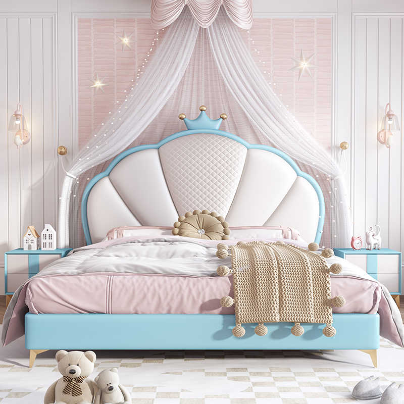 Children's Bed Girls Princess Bed Bedroom Simple modern solid wood cream wind bed Girls single bed Crown pink bed