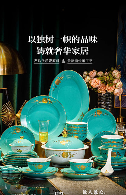 Jingdezhen ceramic tableware set Chinese high white porcelain gold plate set household wedding housewarming bowls and chopsticks