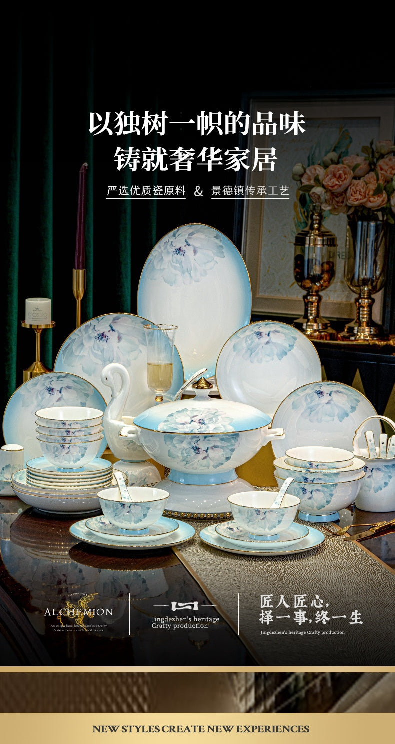 Jingdezhen ceramic tableware set Chinese high white porcelain gold plate set household wedding housewarming bowls and chopsticks