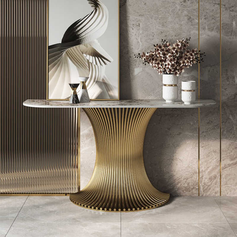 Light luxury entrance porch table against the wall at the end of the corridor decorative cabinet stainless steel end view terrace villa high-end entrance terrace