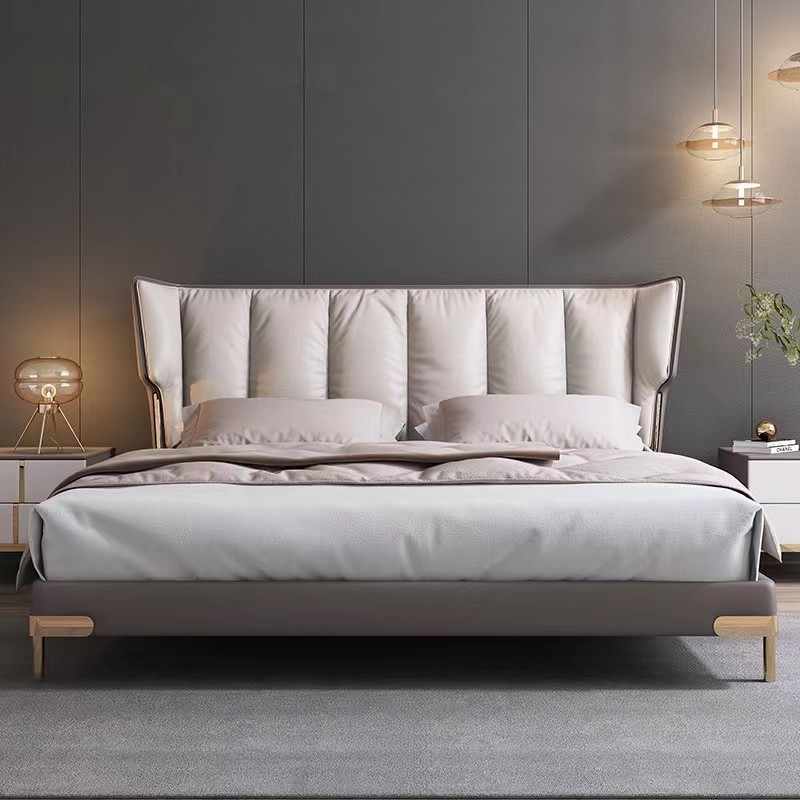 Italian minimalist layer cowhide bed leather bed modern simple light luxury master bedroom solid wood bed floor wedding bed double bed