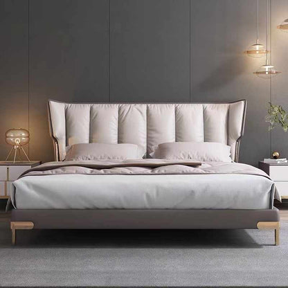 Italian minimalist layer cowhide bed leather bed modern simple light luxury master bedroom solid wood bed floor wedding bed double bed
