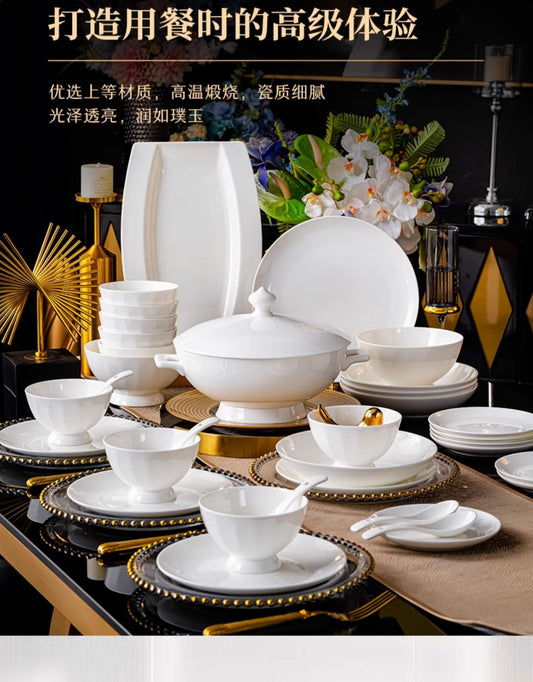 Jingdezhen Luo Wei under glaze color tableware pure white high temperature bone China bowl and dish set household tableware set