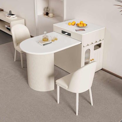 Cream wind rock slab island table integrated into a modern simple retractable home restaurant kitchen for small households