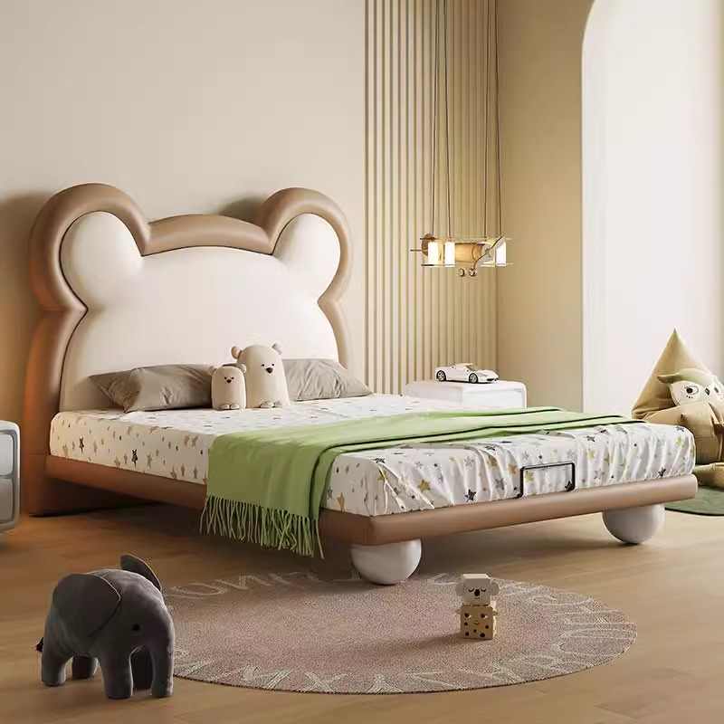 Children's bed Boys Girls Cartoon Bear floating bed with smart Led lights Soft cover art bed 1.2 solid wood frame