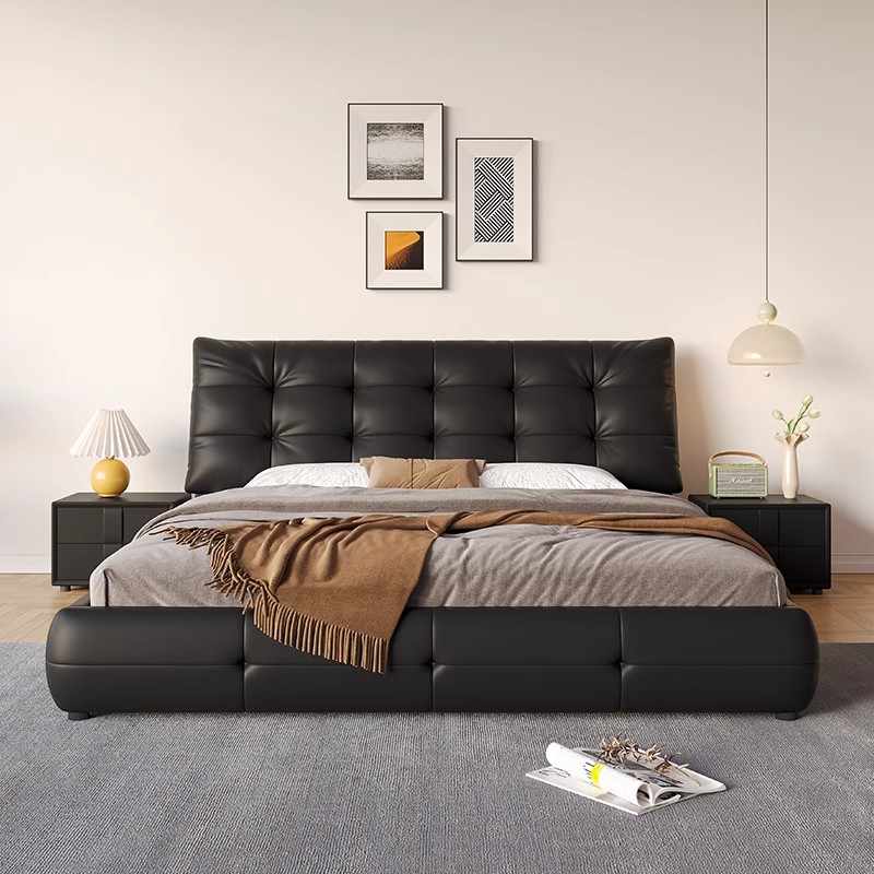 Retro style leather headboard cowhide high-end big black bear double wedding bed Master bedroom soft bed modern simple