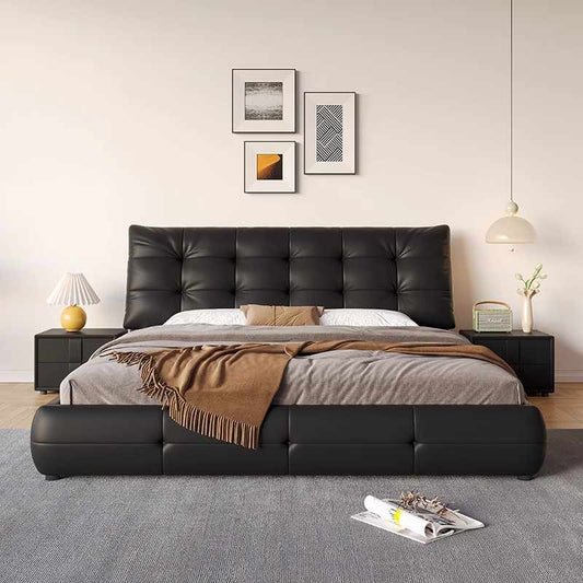 Retro style leather headboard cowhide high-end big black bear double wedding bed Master bedroom soft bed modern simple