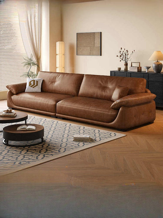 Italian minimalist layer cowhide sofa small living room retro style oil wax leather straight row leather sofa