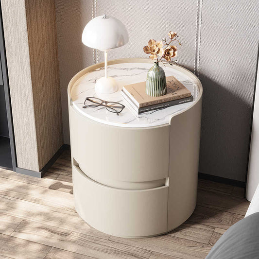 Modern simple light luxury rock board round nightstand leather master bedroom storage cabinet Solid wood storage cabinet