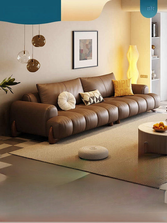 Italian minimalist leather sofa head layer cowhide cream wind living room retro light luxury straight row piano key sofa