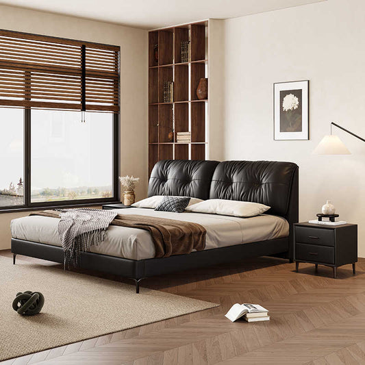 Medieval cream-style leather bed 1.8m double bed Master Bedroom Wedding bed Modern simple elephant ear storage bed