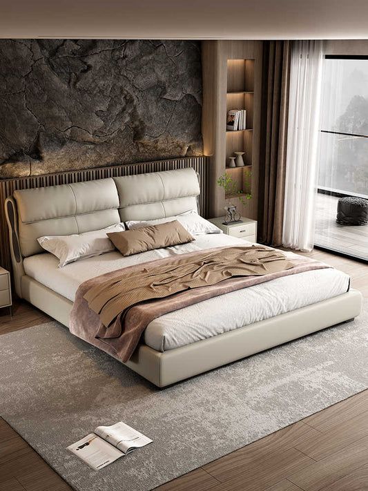 Italian minimalist leather bed small apartment Master bedroom double bed Modern light luxury solid wood 1.8m storage bed