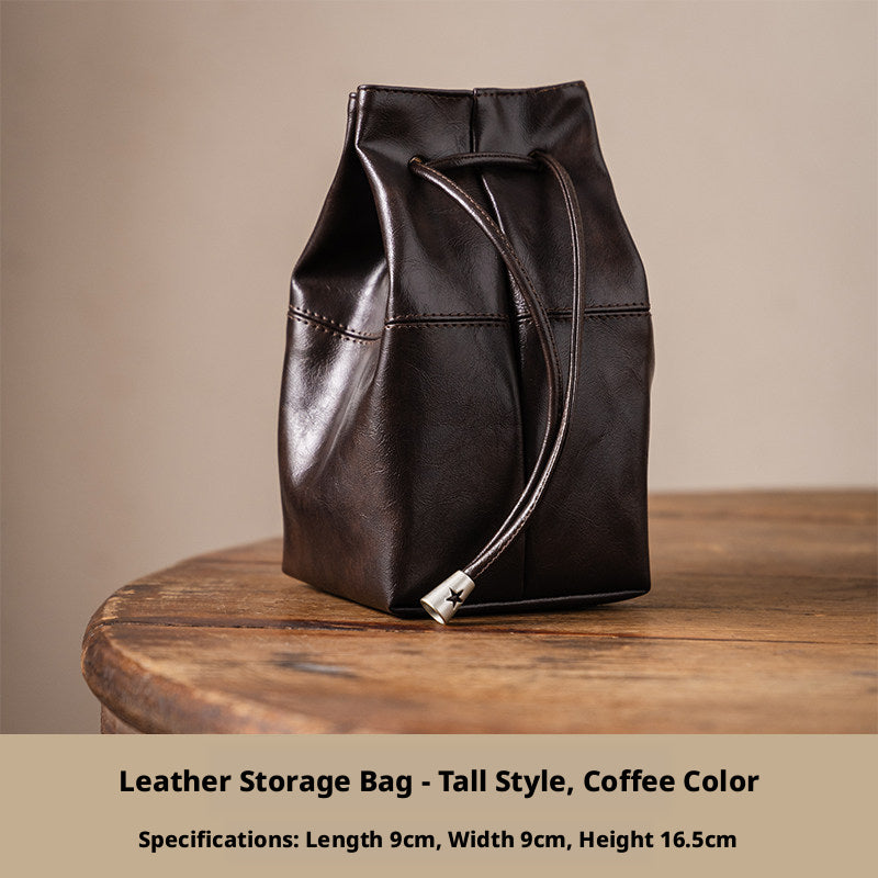 5pcs Oil-Waxed Leather Drawstring Pouch, Jewelry Travel Organizer, Star Hardware Bag