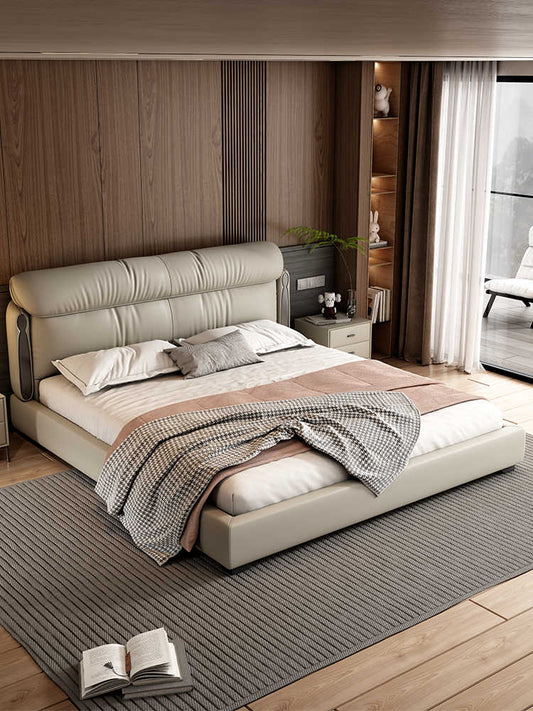 Italian minimalist leather bed modern simple master bedroom leather art wedding bed small apartment type light luxury solid wood storage bed