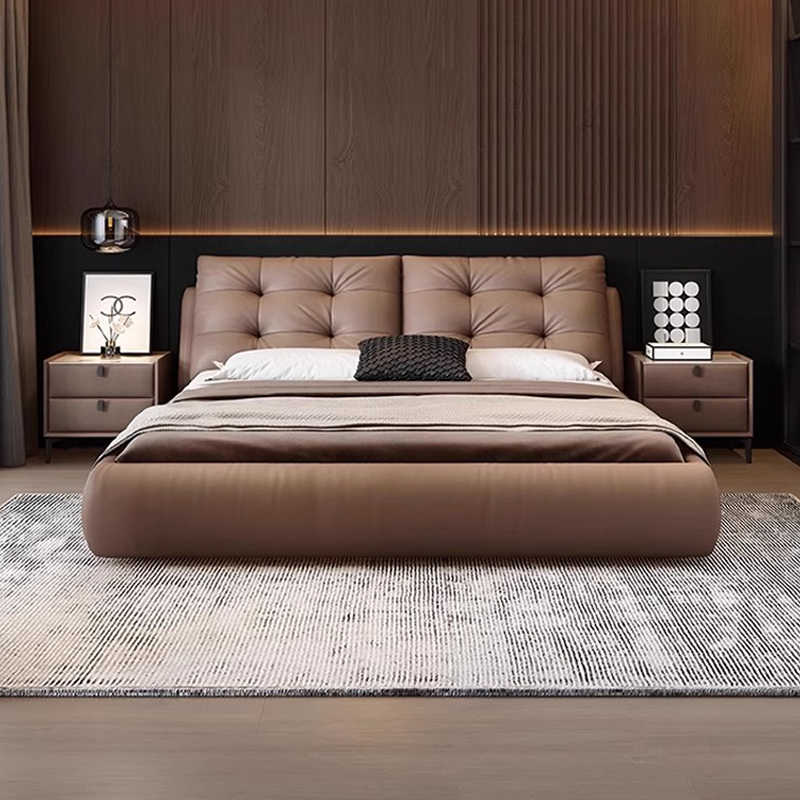 Italian minimalist leather bed modern simple light luxury double bed 1.8 meters big bed Tatami net red soft package wedding bed