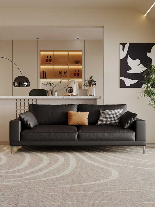Modern simple small apartment cat-scratch proof leather sofa three people straight row living room Italian minimalist down black sofa