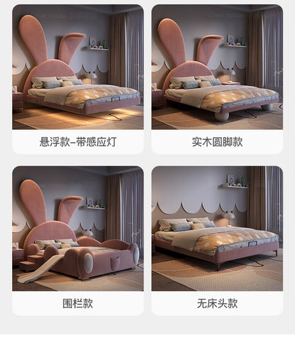 Light luxury children pink princess bed cartoon rabbit modern simple multi-functional girl bed fabric red solid wood bed